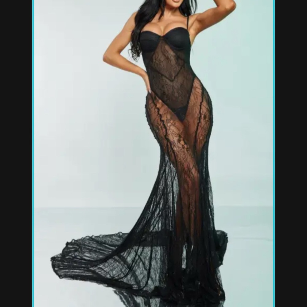 Elegant Black Lace Maxi Gown Dress